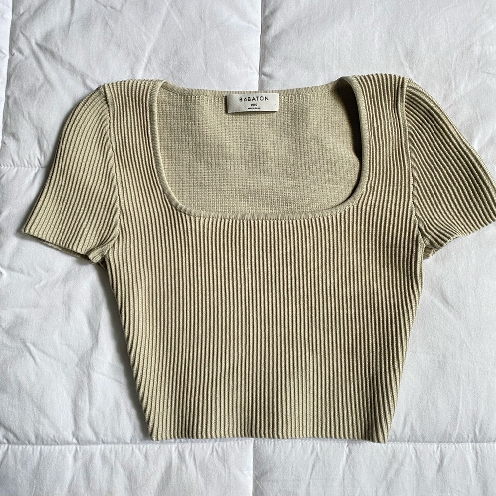 Aritzia Babaton Sculpt Knit Squareneck Crop Top Matte Pearl Cream size XXS